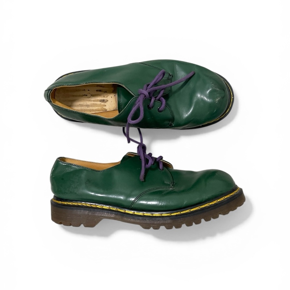 Dr. Martens Green Leather Oxfords with Purple Laces